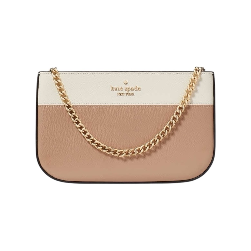 Kate Spade Cream & Tan Saffiano Leather & Gold Wristlet Pochette handBag $249